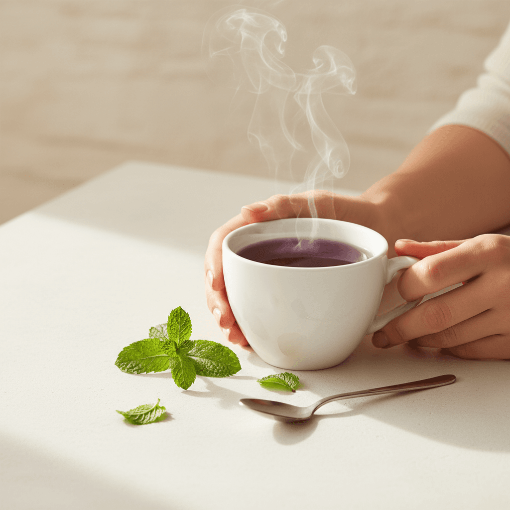 Person enjoying a warm cup of MITEA purple tea