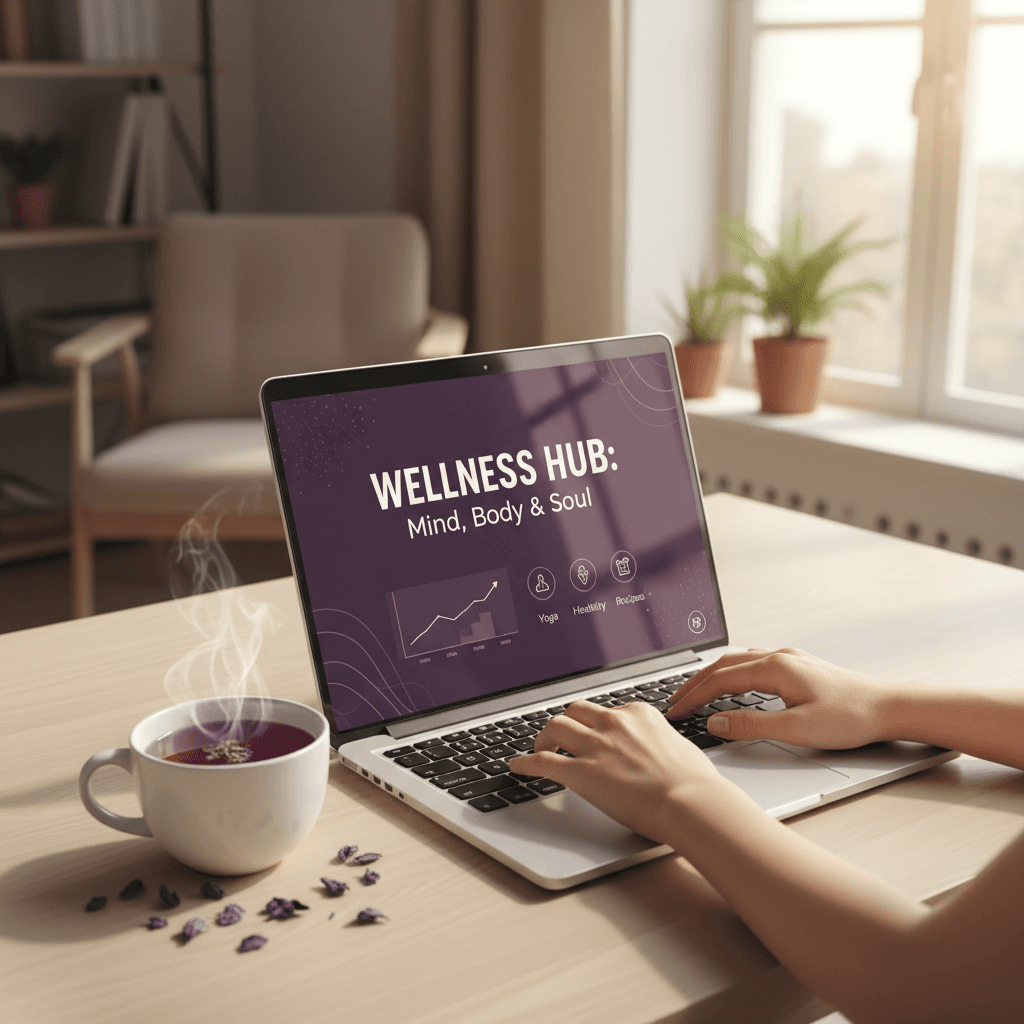 Person at laptop writing wellness content with tea nearby