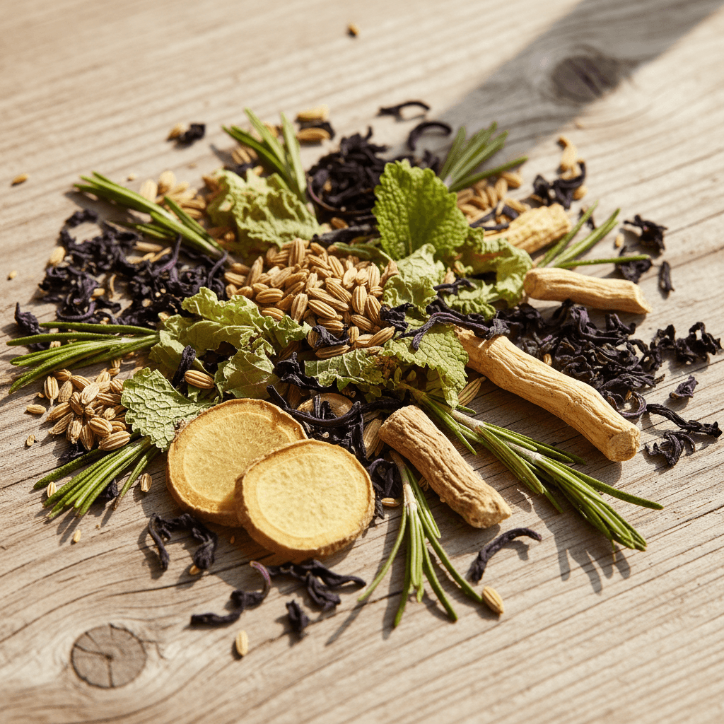 Close-up of MITEA's dried botanicals and Kenyan purple tea leaves arranged on wood