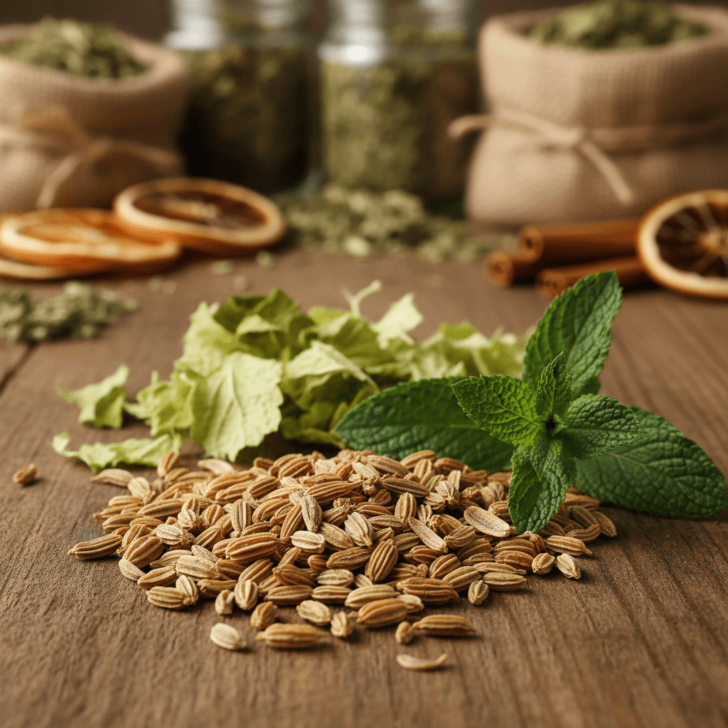 Close-up of herbal ingredients including fennel, lemon balm, and peppermint