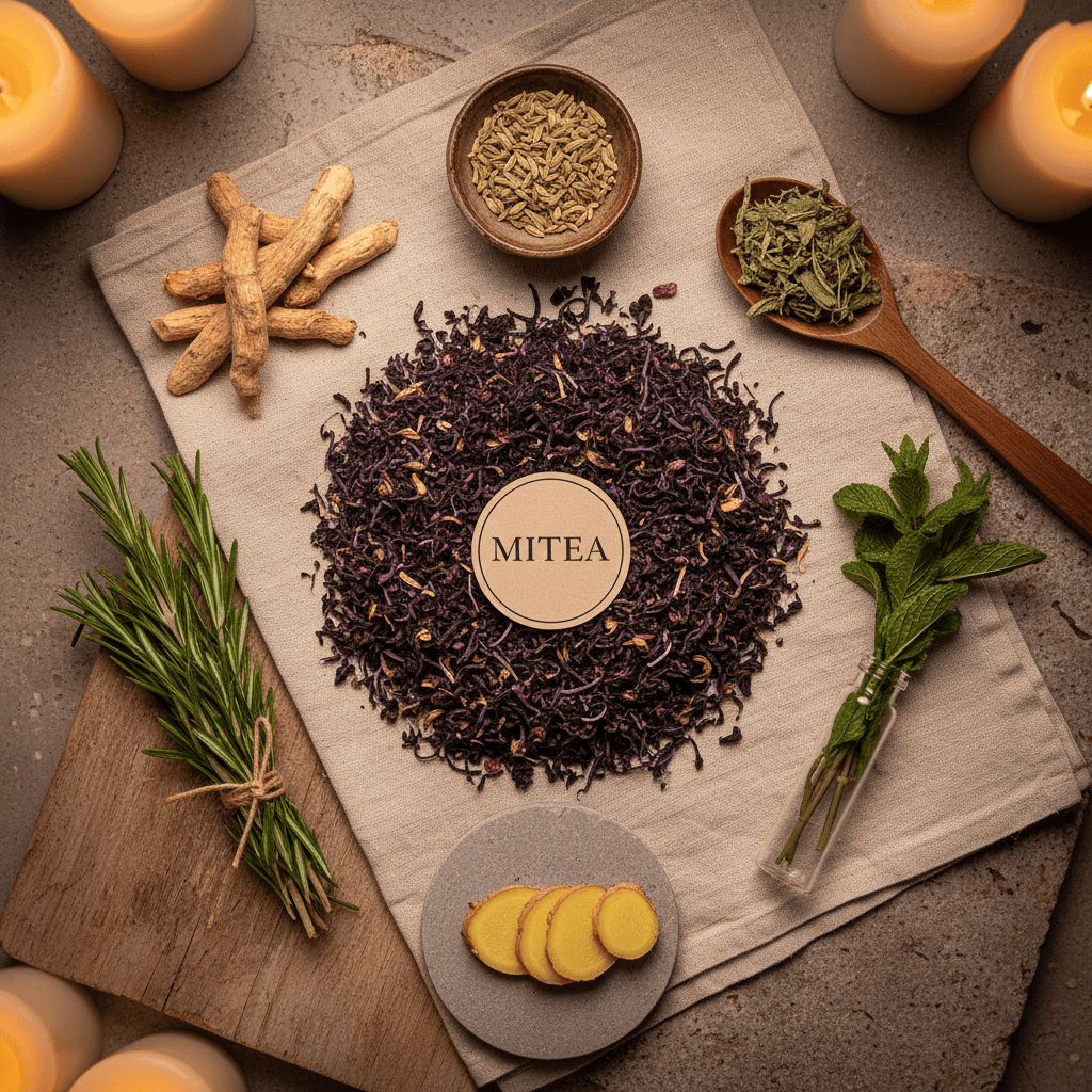 Overhead view of MITEA ingredients artfully arranged by type and quantity