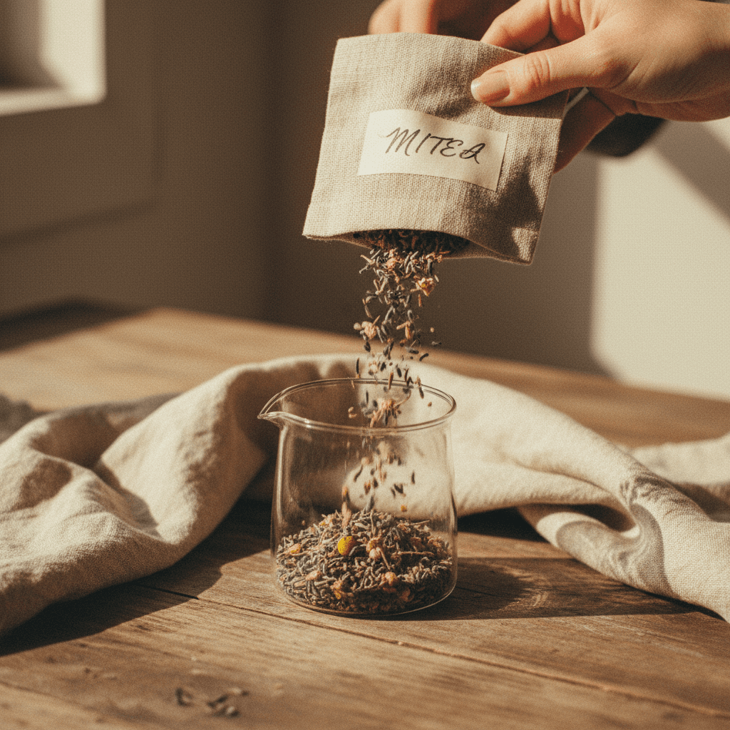 Hands carefully pouring MITEA's tea blend from sachet into glass infuser