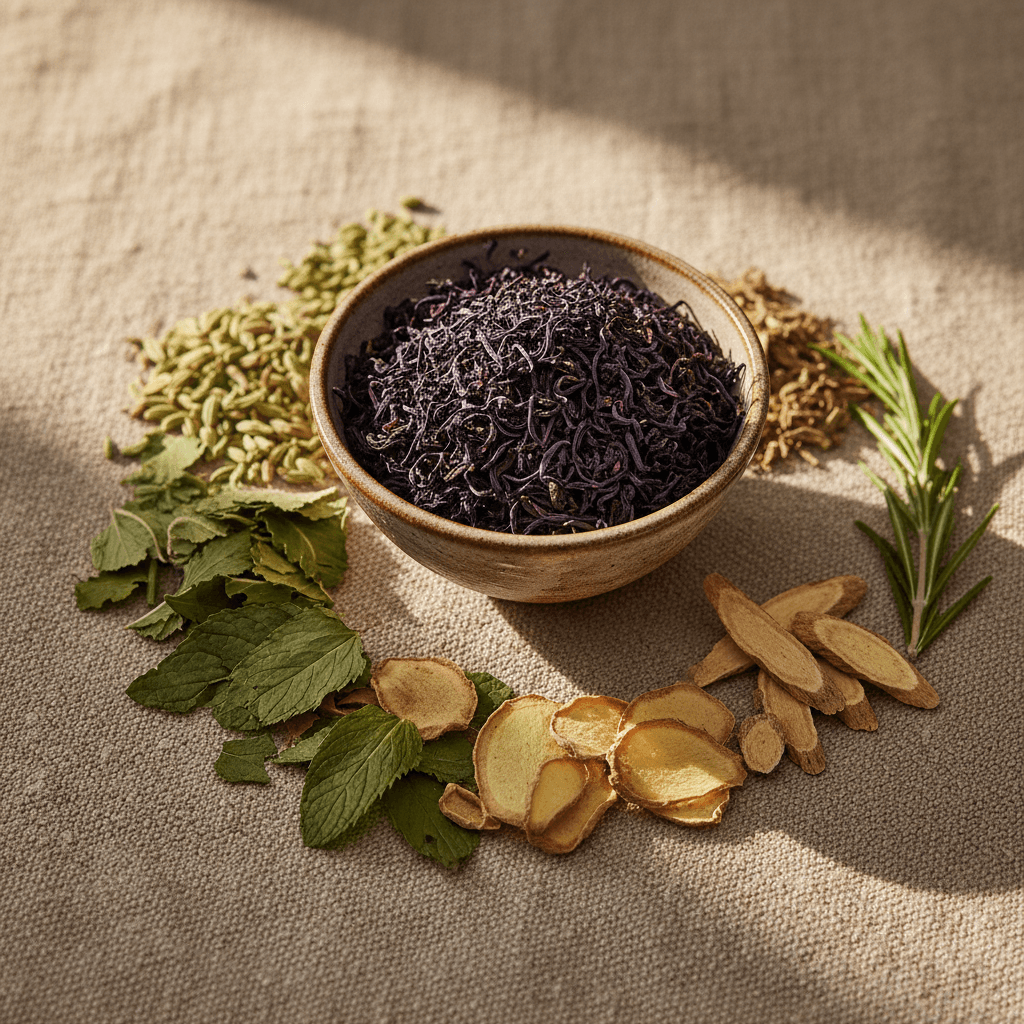 Dried botanical ingredients and Kenyan purple tea leaves arranged on natural surface