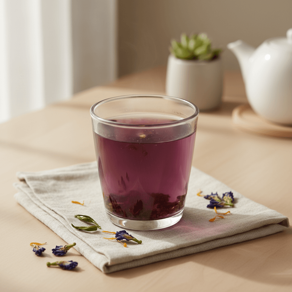 MITEA tea brewed in a clear glass showing its distinctive purple-amber color