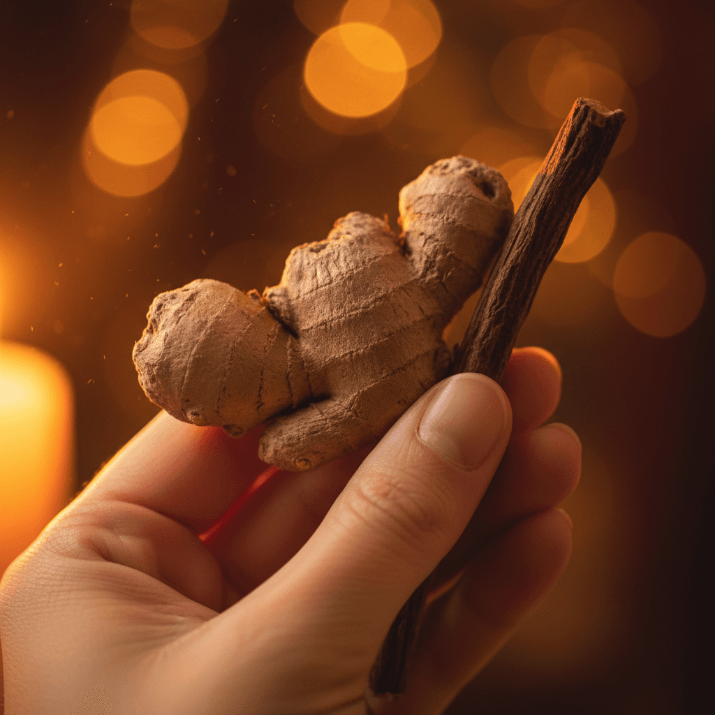 Hand holding dried ginger root and licorice stick