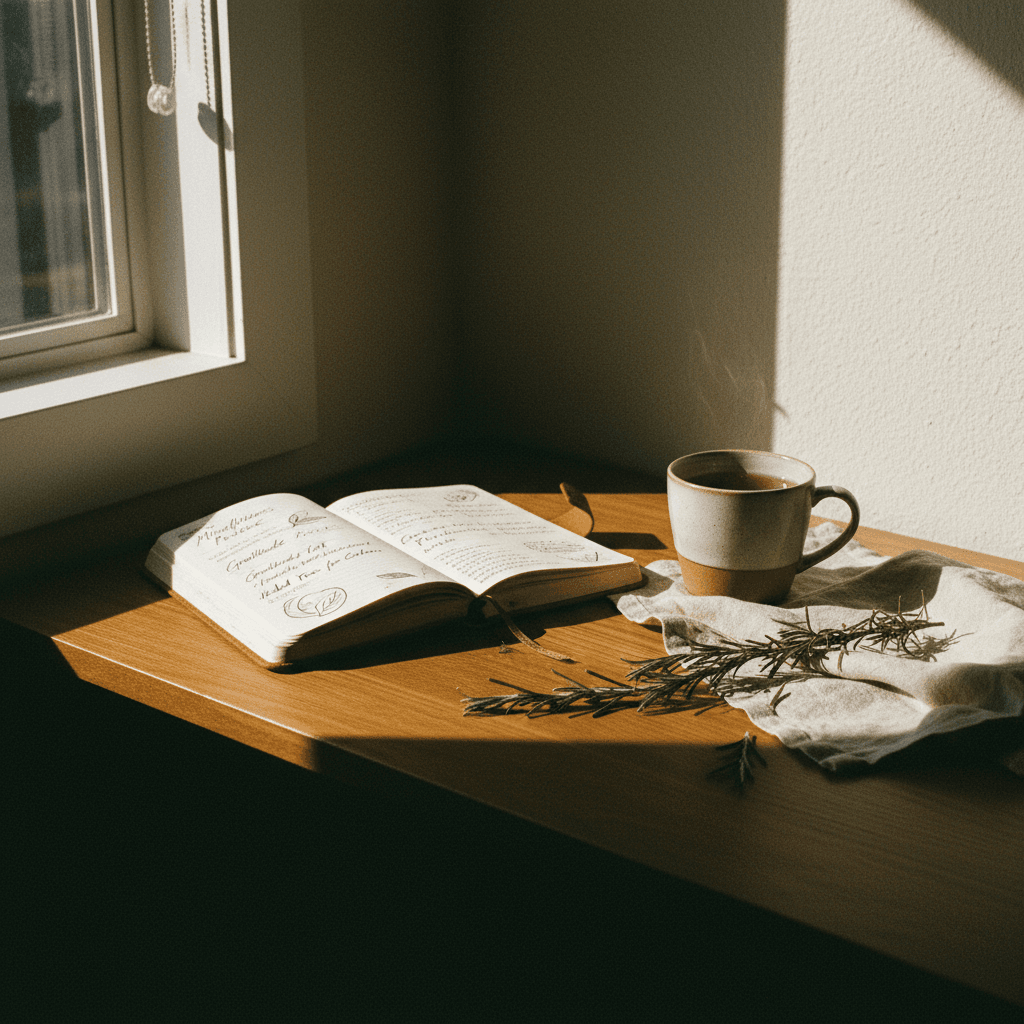Wellness journal and tea setup on a desk
