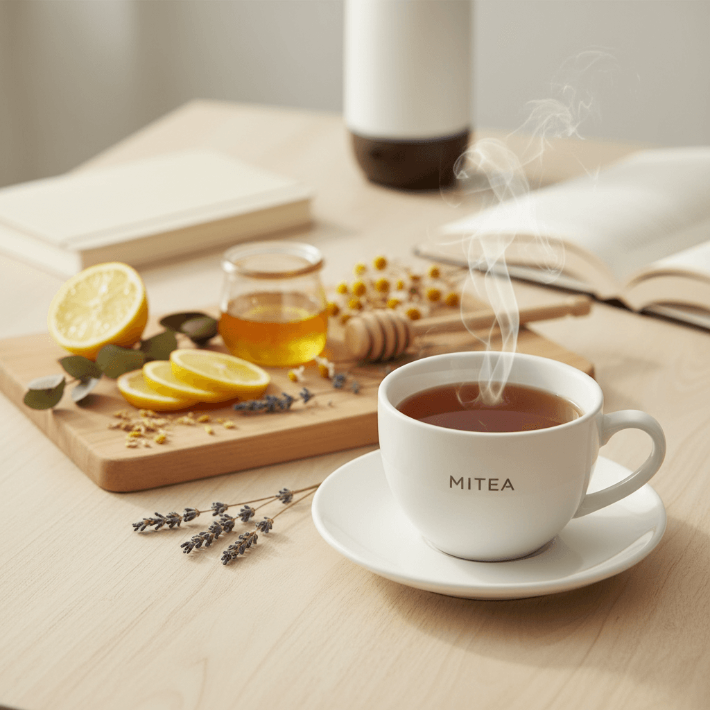 MITEA tea styled in a wellness lifestyle setting with complementary items